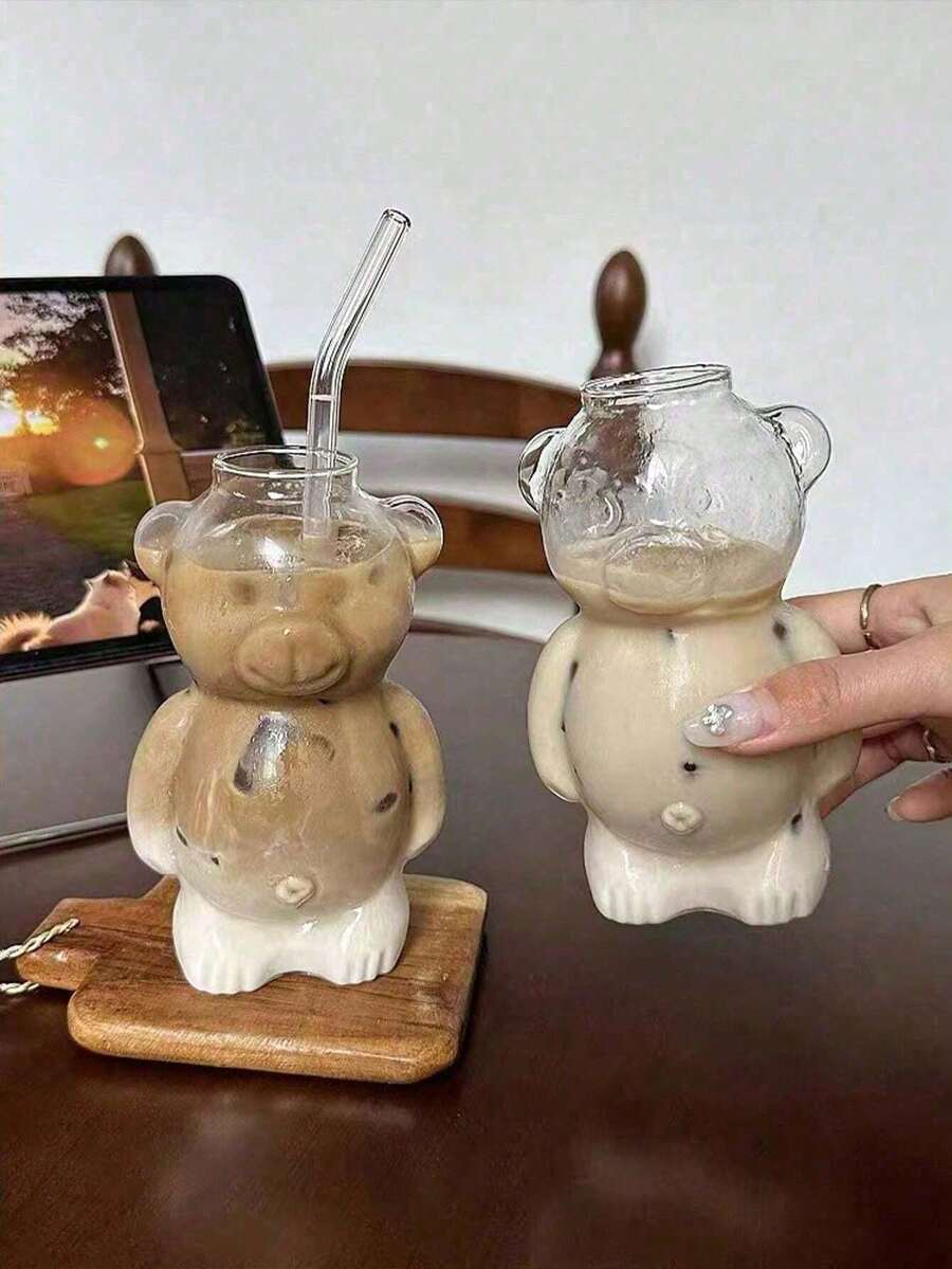 1个卡通熊玻璃咖啡杯，趣味生日礼物，创意可爱，适合开学、生日/节日派对/圣诞节，也可作为玻璃水瓶或情人节礼物。 - 彩色 - 查看 1