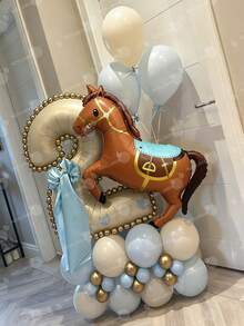 62/10pcs Ivory Numeral Column Balloon Set, Includes 32-Inch (81.28cm) Ivory Numeral Foil Balloons, Brown Horse Balloons, Beige And Metallic Teal Round Latex Balloons, Suitable For Birthday Supplies And Western Cowboy Party, Birthday Decorations, Graduation Decorations, Holiday Decorations, Party Supplies. - Multicolor - View 4