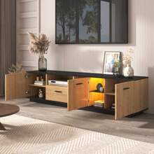 Mobile porta TV con un cassetto, tre ante, due vani a giorno, mobile porta TV in vetro, scheda madre TV, mobile porta TV basso, struttura raffinata. Legno nero e naturale. - nero - Visualizzare 6