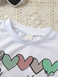 Girls Heart Print Short Sleeve Top And Bow Tie Long Pants - Green - View 5