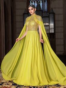 Cette robe de soirée élégante en mousseline de soie pour femmes présente des sequins perlés, un corsage ajusté, des manches en mousseline de soie transparentes et une jupe longue évasée. Un choix idéal pour les mariages, les galas de gala, les tapis rouges et les célébrations culturelles. - Jaune citron - Voir 7