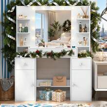 White Makeup Vanity Table Set With 10 Lights Mirror And 6 Drawers Dressing Desk - trắng - Xem 5