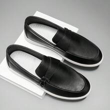 Preppy Office Men's Black Leather Slip-On Loafers, Soft Sole Comfortable Casual Shoes, Versatile Commuter Slouchy Shoes