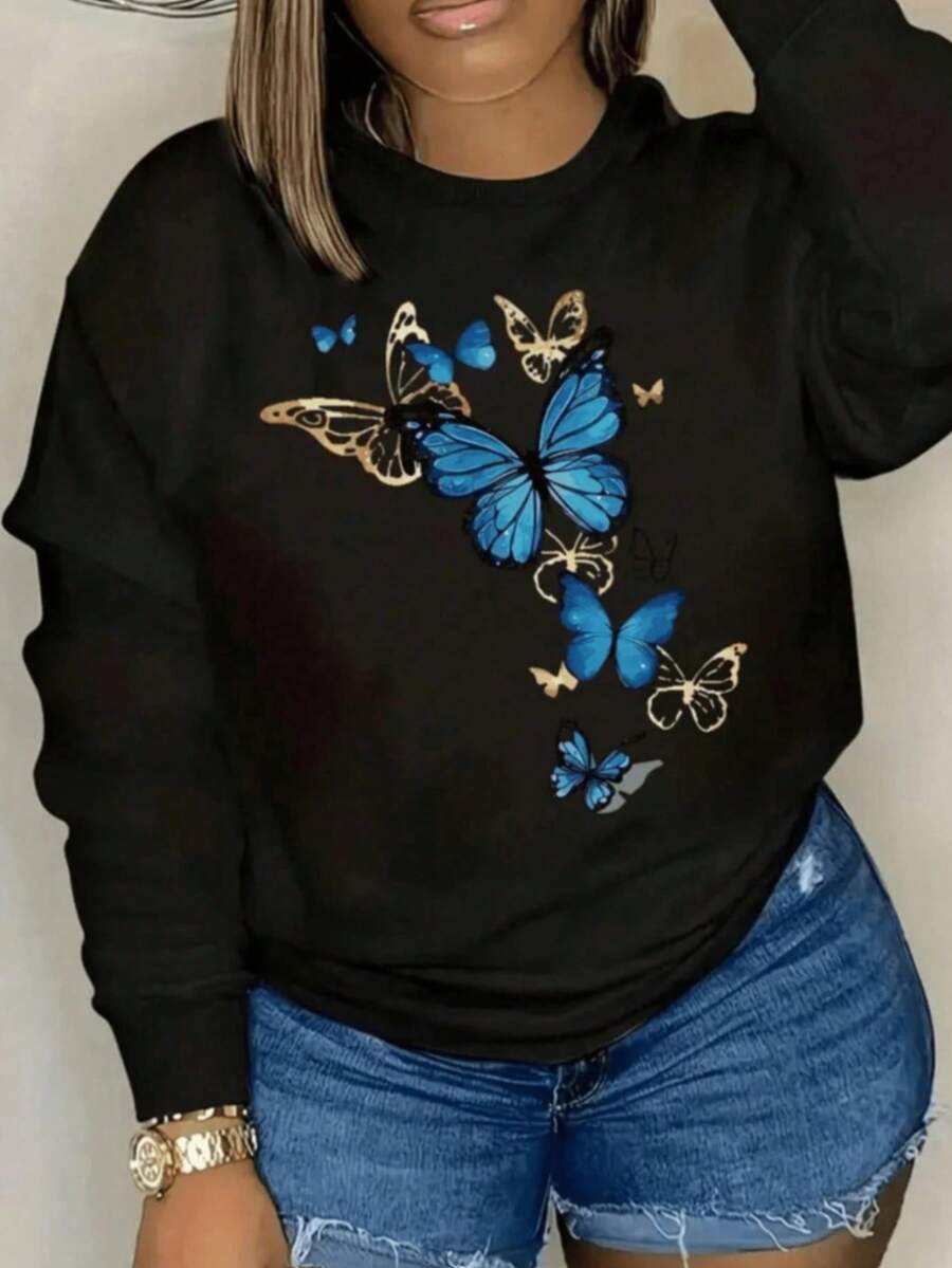 Mujer004 SUDADERA AFELPADA CUELLO REDONDO CON DISEÑO DE MARIPOSAS AZULES IDEAL PARA EL FRÍO - Negro - Ver 1