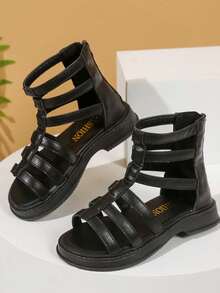 1 Pair Girls' Soft Bottom Non-Slip Open Toe Zipper Closure Sandals, Minimalist Fashion Strap Roman Sandals, Suitable For Summer - Black - View 9