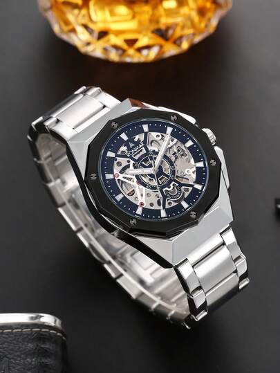  RONMAR 男士休闲镂空陀飞轮自动机械表，防水，夜光，适合商务、学生、时尚人士佩戴，不锈钢表壳，价格实惠