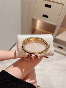 1pc Stylish EU/US Metallic Decorated Mini Box Handbag, High-End Shiny Metal Bar Clutch Purse, Elegant Luxury Evening Dress Party Bag, Leather Design Prom Dancing Clutch/Wedding Ceremony Handbag With Metal Chain - 白色 - 查看 12