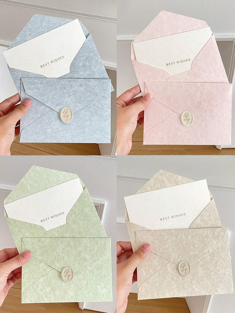 5套纹理信封卡片套装,包括:烟蓝色婚礼/派对邀请函、青柠绿节日贺卡和邀请函、复古粉色贺卡和情书、米色文具套装、浪漫手写便笺卡和邀请函 - 暈染 - 查看 1