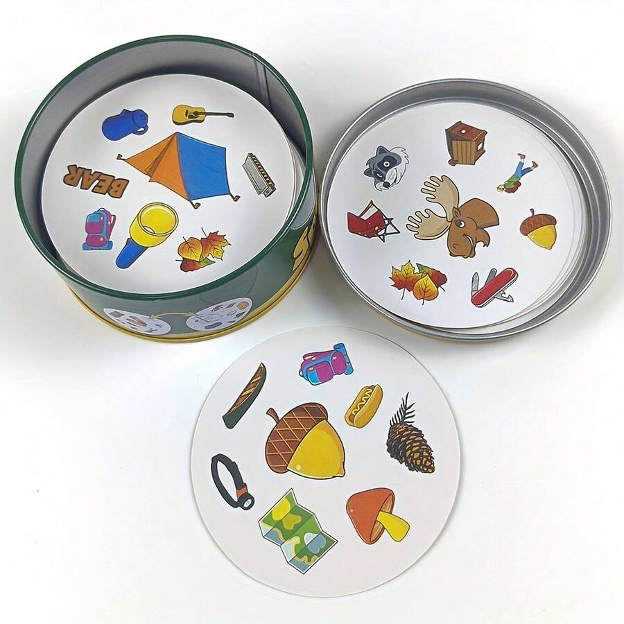 Outdoor-Themed Memory Matching Game Set – Round Tin Storage With Camping/Wildlife Design Cards, Brain-Teasing Tabletop Game For Adult Casual Gatherings, Portable Entertainment For Home & Social Events - Multicolor - View 1