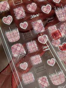 1pc Glitter Sequins Tweed Texture Sweet Heart Plaid Press-On Nail Stickers 5D Nail Art Cozy Festive Romantic Self Adhesive Nails For Women's Chic DIY Manicure Decals Nail Supplies - Multicolor - View 2