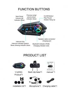 2 piezas Casco de motocicleta Y12 Pro con intercomunicador Bluetooth 5.4, auriculares impermeables con altavoz inalámbrico de intercomunicación a manos libres de 500m - Multicolor - Ver 12