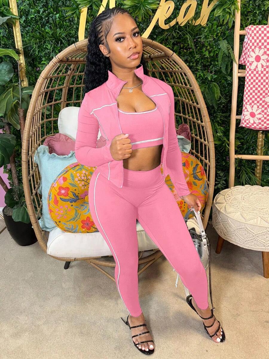 HR25038 Fashion Women's I-Shaped Tank Top Zipper Thumb Button Long Sleeve Tight Pants 3-Piece Set For Women - Hồng - Xem 1