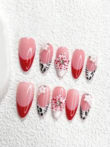 10pcs Elegant Red & White Nail Art Set, Hand-Painted French Manicure Stickers, Medium-Long Almond Shape Nail Stickers, Square Nails, Duck Billed Nails, 3D Floral False Nails, Leopard Print, Water Wave Nail Decorations, Red Nails, White Nails, Includes Tool Kit (1 Jelly Sticker + 1 Nail File), Suitable For Women And Girls, Daily Photo Shoots, Parties, Autumn/Winter Nail Supplies - Nhiều màu - Xem 3