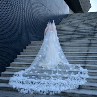 1pc Elegant Luxury Solid Color Bohemian Style Voluminous Tulle Veil With 3D Floral Decor, Bridal Wedding Dress Veil