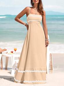 PRETTYGARDEN Women's Summer Flowy Maxi Dress Vestidos Casual Sleeveless Strap Ruffle Wedding Guest Graduation Beach Party Travel Vacation Long White Dresses - 杏色 - 查看 3