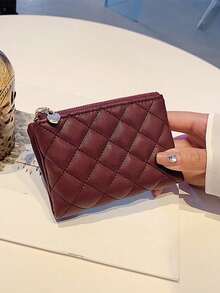 Unisex 2-Fold Rhombus Embroidered Line Wallet, Fresh Style Short Multifunctional Card & Cash Holder, Soft Leather Coin Purse - Burgundy - View 2