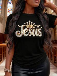 Howell Thanksgiving Top With Jesus Lettering Print, Casual Versatile All-Season Shirt - Soft Stretchy Fabric - Black - View 3