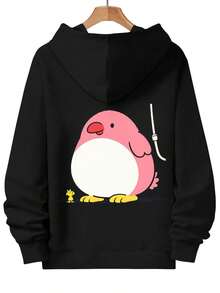 Sudadera con capucha negra con ilustración de dibujos animados - Pájaro rosa grande con vientre blanco, patas amarillas, pico rojo y pequeño personaje amarillo, cuerda blanca (tipo paraguas) a la derecha - Diseño simple y alegre, estampado colorido para hombres, mujeres y niños - Negro - Ver 5