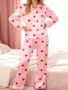 Mommy And Me Matching Pajamas Long Sleeve Lapel Dot/Heart Print Button Up Tops And Pants Set - Pink - View 5