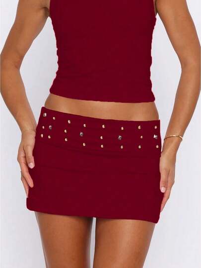 Women Mini Skirt, Low Waist Bottoms Rivets Slim Fit Summer Bodycon Skirt Clubwear For Party