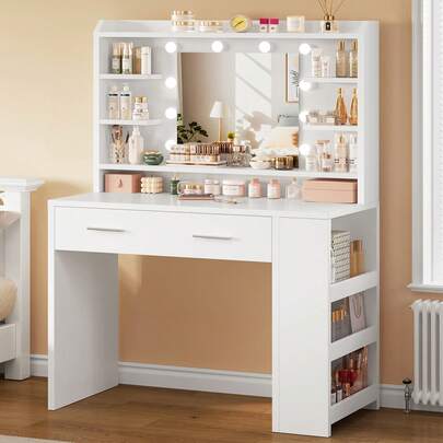 Coiffeuse avec miroir LED, 10 lumières, 3 couleurs et luminosité réglable, meuble de maquillage avec tiroirs, 4 étagères ouvertes et rangements latéraux, coiffeuse moderne, blanche