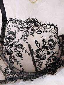 Valentine's Day Sexy Underwear For Women, 3pcs Women's Elegant European Black Flower Embroidered Sexy Lingerie Set - Semi-Sheer Full Ensemble (Bra, Belt & Low-Rise Thong) - No Padding, Lingerie For Date Night, Party Costume, Gift - Hand Washable For Small To Normalr - 黑色 - 查看 3