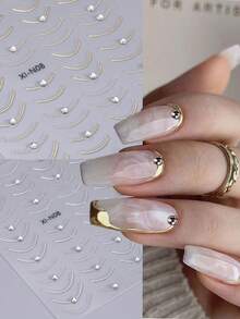 3D Golden Silvery Line Nail Stickers 1pc Self Adhesive French Tips Curve Stripe Lines Nail Art Decals With Sparkling Crystal Rhinestones DIY Manicure Decor Nail Supplies - 銀色 - 查看 4
