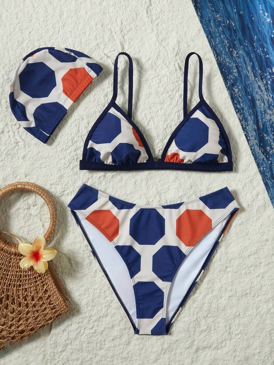 Women's Fashion Geometric Print Bikini 3 Pieces Set, Spaghetti Strap Backless Design, Spring/Summer Beach Wear - Multicolor - View 1