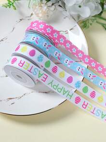 1条复活节涤纶箔丝带，复活节祝福丝带，带有兔子、花卉、文字和复活节彩蛋图案，适合复活节礼物包装、家居复活节装饰、复活节派对礼品、春季派对装饰、复活节彩蛋寻宝派对礼物。