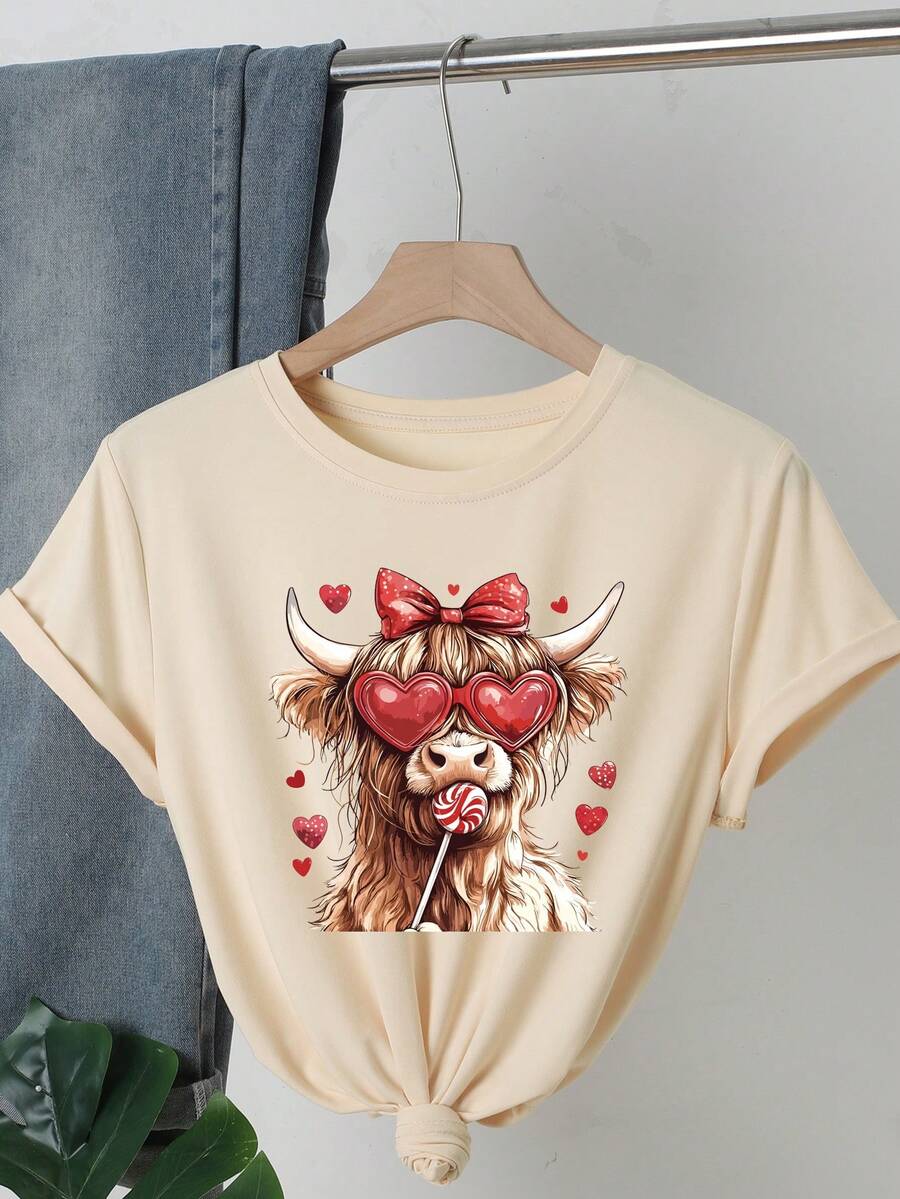 Casual Round Neck Short Sleeve T-Shirt With Highland Cow, Heart & Bow Design, Suitable For Valentine's Day Ladies - Khaki - View 1