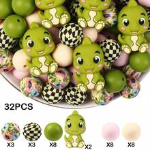 25/28/32/44颗3D恐龙硅胶珠套装(包含霸王龙、腕龙、三角龙彩色恐龙吊坠) - DIY串珠材料,适合制作钥匙扣、挂绳、笔饰和恐龙主题配饰 - 包含焦点珠和圆形珠混合组合 - 3D恐龍款式 - 查看 19