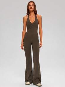 MASKERT 女士露背深V领连体裤，喇叭裤腿款式，垂坠效果，亲肤舒适，休闲时尚长款连体裤 - 巧克力棕 - 查看 4