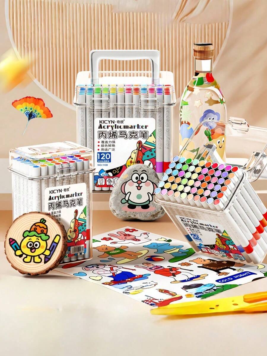24/36/48 Colors Acrylic Paint Markers Set, Professional Drawing Soft Tip Pens And Markers, Acrylic Paint Pens, Suitable For Wood, Stone, Canvas, Glass, Fabric, Eggs, Rocks Painting And DIY Crafts, Back To School, Christmas Gift - Multicolor - View 1