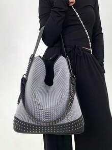 Y2K Rivet Street Splicing Shoulder Bag, Large Capacity Mesh Retro Splicing Bucket Bag, Personalized Detachable Chain Rivet Shoulder Strap, Very Suitable For Daily Use And Gatherings - Silver - View 8