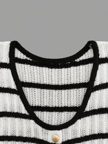 Women's Bohemian Style Hollow-Out Knitted Dress, Contrast Striped Design, Half-Open Placket With Metal Buttons, Waist-Cinched Cut, Soft & Comfortable, Fashionable & Versatile - Black and White - View 7