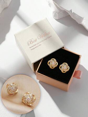 Juego de caja de regalo Pendientes de perilla de circonita cúbica elegantes coreanos, joyería para fiestas de boda de mujeres, adecuada para regalos festivos