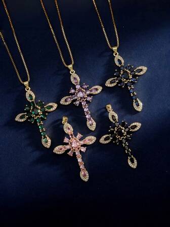 1pc Elegant Cross Pendant Necklace, Inlaid With Multi-Color Synthetic Cubic Zirconia, Gold-Tone Stainless Steel Chain Jewelry, Suitable For Women, Valentine's Day Gift And Party/Streetwear Accessories, Delicate Gemstone Inlay