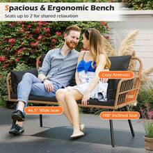 Patio Wicker Loveseat Furniture With Seat Back Cushions, Heavy-Duty Metal Legs Off-White/Black - Black - View 6
