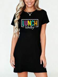 Lunch Lady School Lunchroom Ladies Cafeteria Worker T-Shirt Dress Women's Dress, Casual Summer Dress - 黑色 - 查看 5