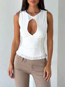 Women Y2K Ribbed Sleeveless Top Keyhole Cutout Back Lace-Up Ruffle Hem Cropped Going Out Party Club Top - Blanco - Ver 2