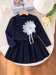 2pcs/Set Toddler Girls' Casual Pearl Decor Floral Round Neck Long Sleeve Top And Pleated Skirt Set, Spring/Autumn - Royal Blue - View 3