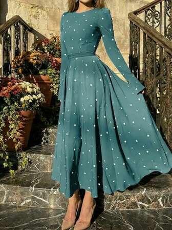 Plus Size Women's Elegant Loose Long Sleeve Round Neck Maxi Dress, Flowy Style With Flared Hem