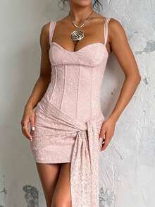 Lace Ribbon Decor Summer Camisole Dress With Front Knot, Fitted Silhouette, For Valentine's Day - Pink - View 3