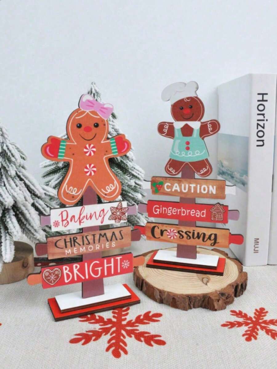 قطعتان من اللوحات الخشبية المزينة برجل الزنجبيل الخشبي وشجرة لديكور المكتب والمنزل وحفلات الزفاف والأعياد