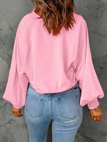 Plus Size Women's Solid Color Button Lantern Sleeve T-Shirt - Pink - View 4