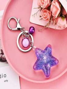 1pc Acrylic Keychain With Pentagram Liquid Glitter Keyring, Cute Bag Charm Accessory