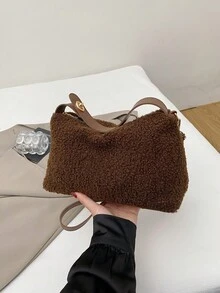 1个女士新款新月形手提包，秋冬季时尚简约人造毛皮托特包，适合约会、送礼、通勤、购物，复古手提包，单肩包 - 棕色 - 查看 3
