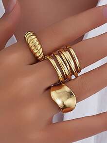 Bộ 15/3 chiếc nhẫn kim loại bản to kiểu dáng cổ điển Bohemian thanh lịch, thiết kế bất đối xứng đính ngọc trai và xếp nếp, thích hợp đeo hàng ngày và dự tiệc, có thể đeo chồng lên nhau, làm quà tặng. - Vàng 9 - Xem 2