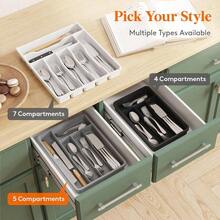 Silverware Tray, Cutlery Drawer Organizer Storage Kitchen, Plastic Flatware Utensil Holder Divider Spoons Forks Knives Tableware, 4 Compartment, Black - 9,5 x 13,4 inch (5 khe cắm) + Xám - Xem 8