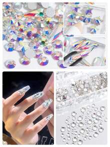 Set de materiale pentru unghii din sticlă 2600/1360 buc, pietre prețioase pentru unghii, decorațiuni 3D pentru unghii, materiale din sticlă plată transparentă colorată, accesorii pentru unghii în stil Y2K, unghii cu perle de diferite forme, pietre decorative pentru unghii - Multicolor - Vizualizare 9